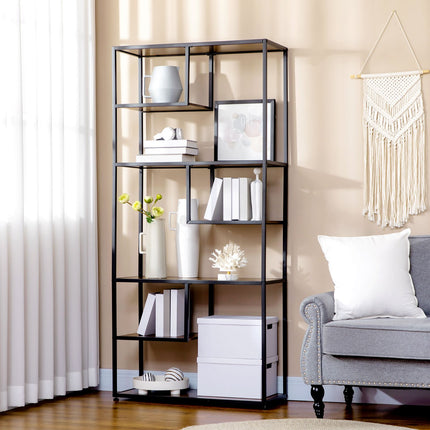 Industrial 7-Tier Rustic Brown Bookcase - Kitchen & Living Room