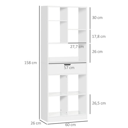 Bookcase with 9 shelves & drawer - anti-tilt, white