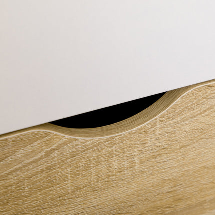 Modern bookcase with drawers & wooden legs - white/natural