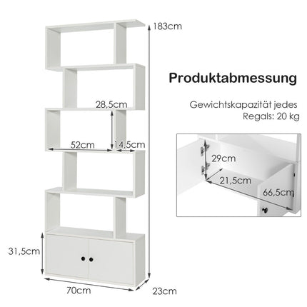 Bookcase standing shelf with doors 183 x 70 x 23 cm room divider shelf with 5 levels white