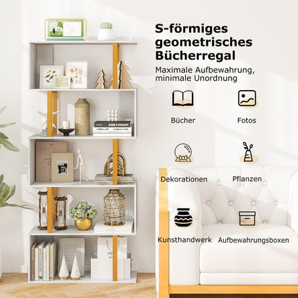 Bookcase white standing shelf with 5 levels S-shaped office shelf freestanding 70 x 24 x 157 cm
