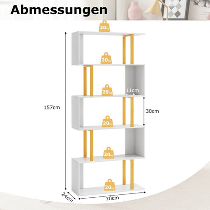 Bookcase white standing shelf with 5 levels S-shaped office shelf freestanding 70 x 24 x 157 cm
