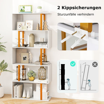 Bookcase white standing shelf with 5 levels S-shaped office shelf freestanding 70 x 24 x 157 cm