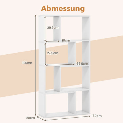 Bookcase with 4 levels, standing shelf with 8 compartments, cube shelf, 60 x 20 x 120 cm, white