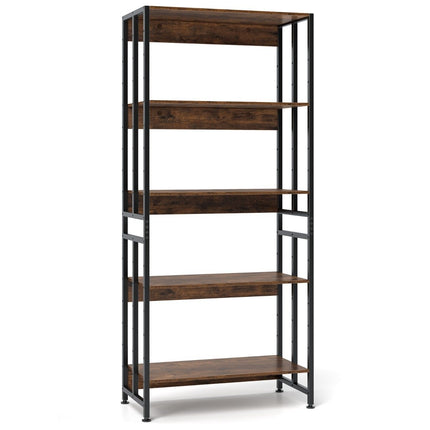 Bookcase with 5 levels in industrial style, storage shelves, floor standing shelf, brown