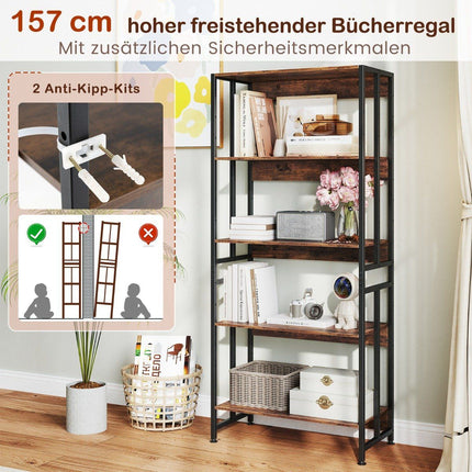 Bookcase with 5 levels in industrial style, storage shelves, floor standing shelf, brown