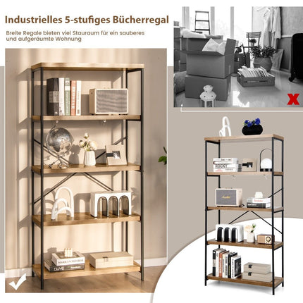 Bookcase with 5 levels & metal frame & industrial design standing shelf office shelf brown