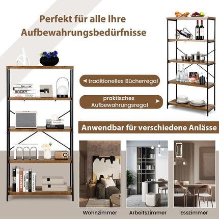 Bookcase with 5 levels & metal frame & industrial design standing shelf office shelf brown
