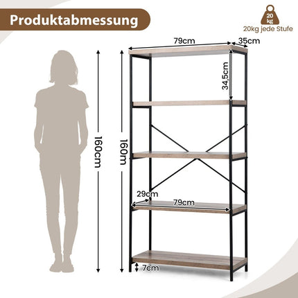 Bookcase with 5 levels & metal frame & industrial design standing shelf office shelf gray