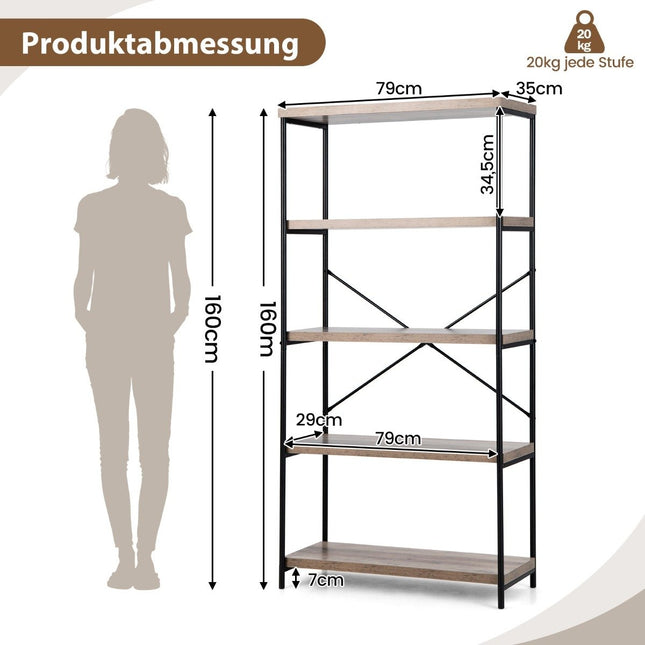 Bookcase with 5 levels & metal frame & industrial design standing shelf office shelf gray