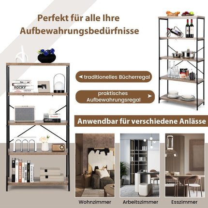 Bookcase with 5 levels & metal frame & industrial design standing shelf office shelf gray