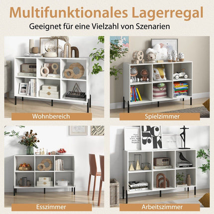 Bookcase with 6 compartments standing shelf with raised metal legs and adjustable shelves 120 x 35 x 79.5 cm white