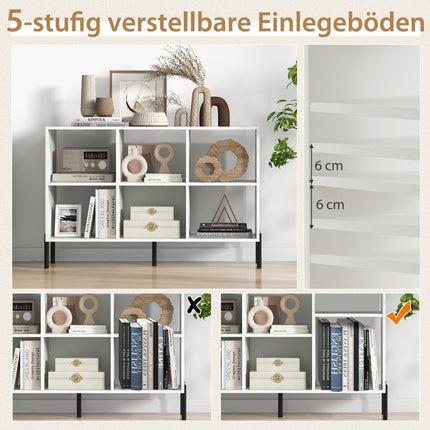 Bookcase with 6 compartments standing shelf with raised metal legs and adjustable shelves 120 x 35 x 79.5 cm white