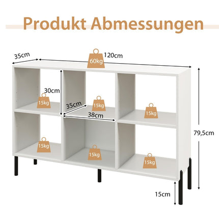 Bookcase with 6 compartments standing shelf with raised metal legs and adjustable shelves 120 x 35 x 79.5 cm white
