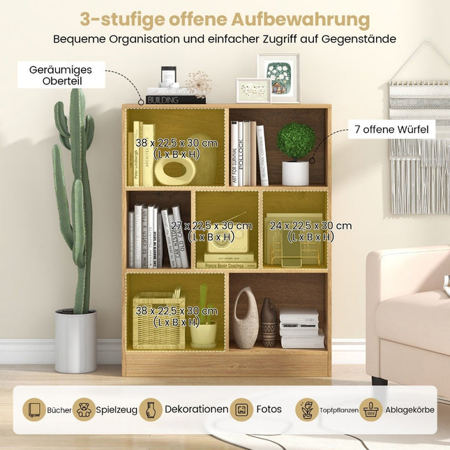 Bookcase with 7 compartments, standing shelf with 3 levels, cube shelf, office shelf, 80 x 24 x 104 cm, natural
