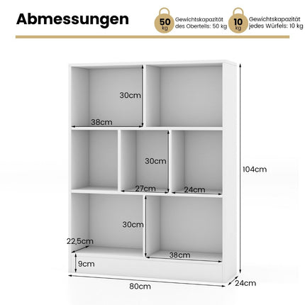 Bookcase with 7 compartments, standing shelf with 3 levels, cube shelf, office shelf, 80 x 24 x 104 cm, white