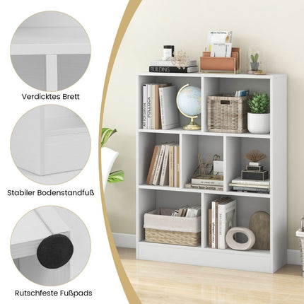 Bookcase with 7 compartments, standing shelf with 3 levels, cube shelf, office shelf, 80 x 24 x 104 cm, white