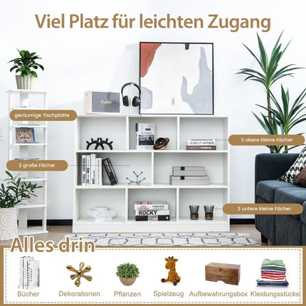 Bookcase with 8 compartments, 3-tier standing shelf for living room, 122 x 32 x 93 cm, white