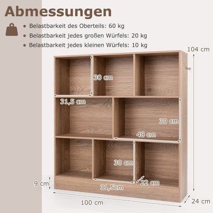 Bookcase with 8 compartments, standing shelf with 3 levels, cube shelf, office shelf, storage shelf, 100 x 24 x 104 cm, natural