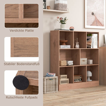 Bookcase with 8 compartments, standing shelf with 3 levels, cube shelf, office shelf, storage shelf, 100 x 24 x 104 cm, natural