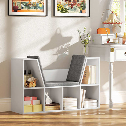 White bookcase with seat cushion - 6-compartment storage shelf