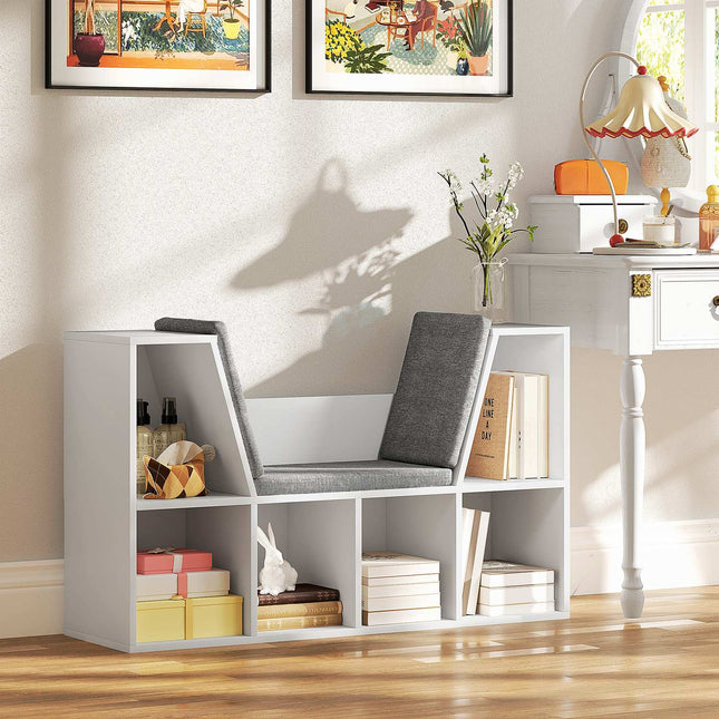 White bookcase with seat cushion - 6-compartment storage shelf