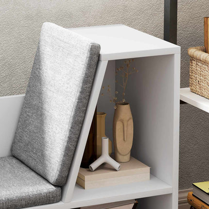 White bookcase with seat cushion - 6-compartment storage shelf