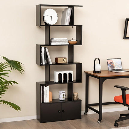 Bookcase with doors & 5 levels standing shelf made of wood 183 x 70 x 23 cm room divider black