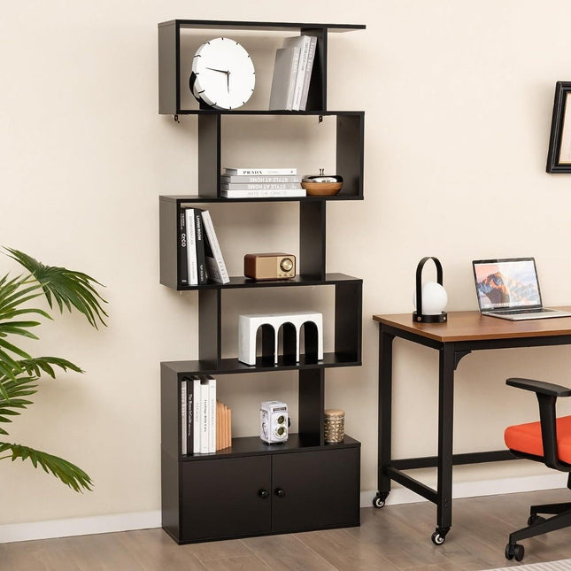 Bookcase with doors & 5 levels standing shelf made of wood 183 x 70 x 23 cm room divider black