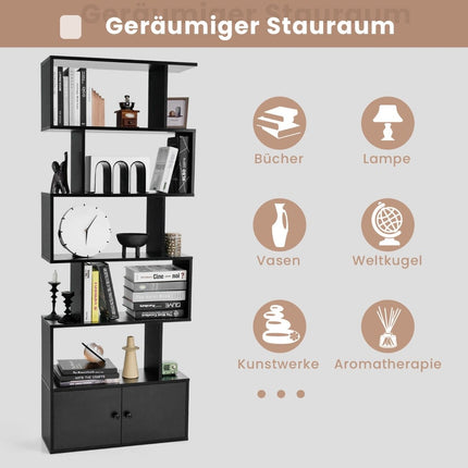 Bookcase with doors & 5 levels standing shelf made of wood 183 x 70 x 23 cm room divider black