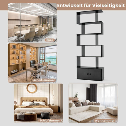 Bookcase with doors & 5 levels standing shelf made of wood 183 x 70 x 23 cm room divider black