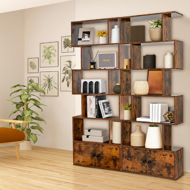 Bookcase with doors & 5 levels standing shelf made of wood 183 x 70 x 23 cm room divider brown