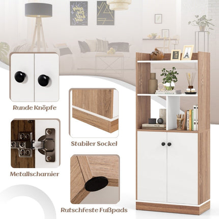 Bookcase with double door cabinet 3-tier standing shelf with open compartments 60 x 30 x 140 cm