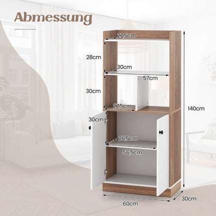 Bookcase with double door cabinet 3-tier standing shelf with open compartments 60 x 30 x 140 cm
