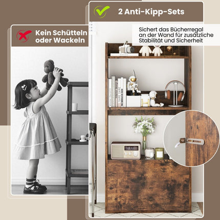 Bookcase with drawer, standing shelf with 2 compartments, office shelf made of wood, 55 x 29 x 105 cm, rustic brown