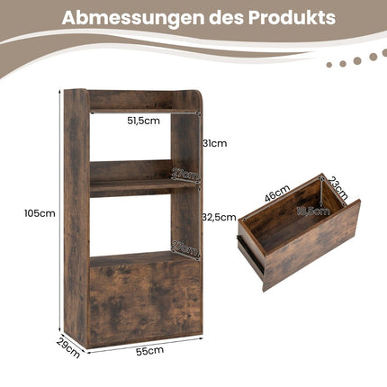Bookcase with drawer, standing shelf with 2 compartments, office shelf made of wood, 55 x 29 x 105 cm, rustic brown