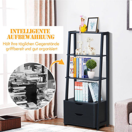 Bookshelf 4-Tier Modern Wooden Shelf Ladder Shelf with Drawers Bathroom Shelf Black