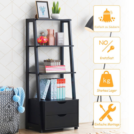 Bookshelf 4-Tier Modern Wooden Shelf Ladder Shelf with Drawers Bathroom Shelf Black