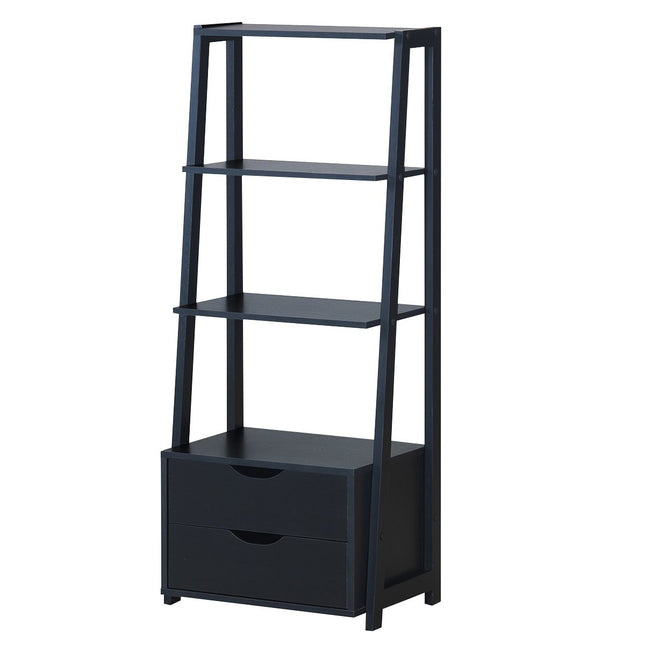 Bookshelf 4-Tier Modern Wooden Shelf Ladder Shelf with Drawers Bathroom Shelf Black