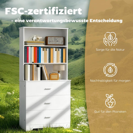 Bookshelf Cabinet with 3 Drawers, 3 Shelves, White, 79x39.5x180 cm