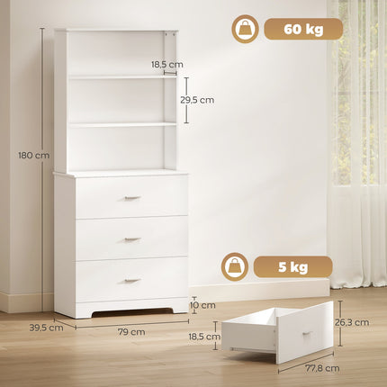 Bookshelf Cabinet with 3 Drawers, 3 Shelves, White, 79x39.5x180 cm