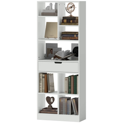 White 9-shelf bookcase with drawer and anti-tilt safety