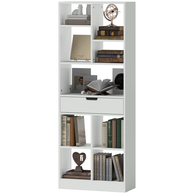 White 9-shelf bookcase with drawer and anti-tilt safety