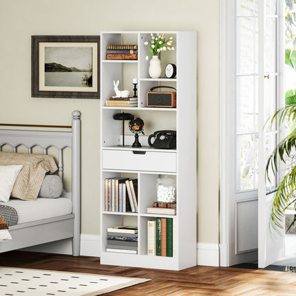 White 9-shelf bookcase with drawer and anti-tilt safety