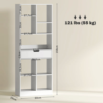 White 9-shelf bookcase with drawer and anti-tilt safety