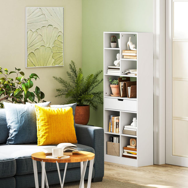 White 9-shelf bookcase with drawer and anti-tilt safety