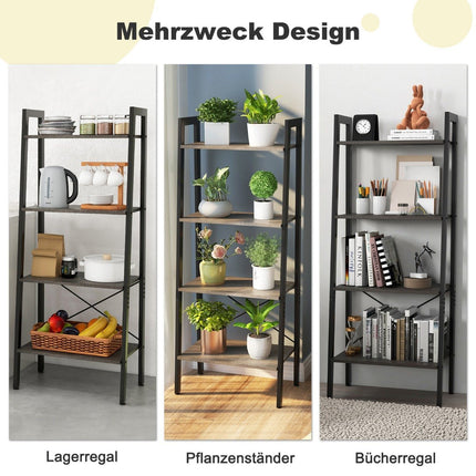 Bookshelf shelf with 4 levels ladder shelf wood with tilt protection and adjustable foot pads dark brown