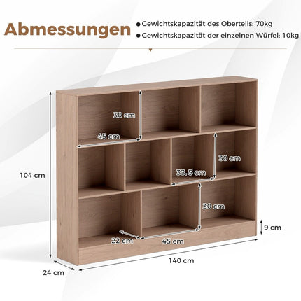 Bookshelf with 10 Compartments, 3-Tier, 140x24x104 cm