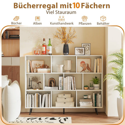 Bookshelf with 3 Tiers, Wood Legs, 140 cm, Anti-Tip