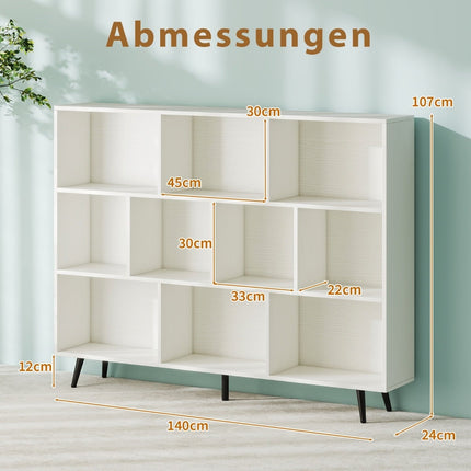 Bookshelf with 3 Tiers, Wood Legs, 140 cm, Anti-Tip
